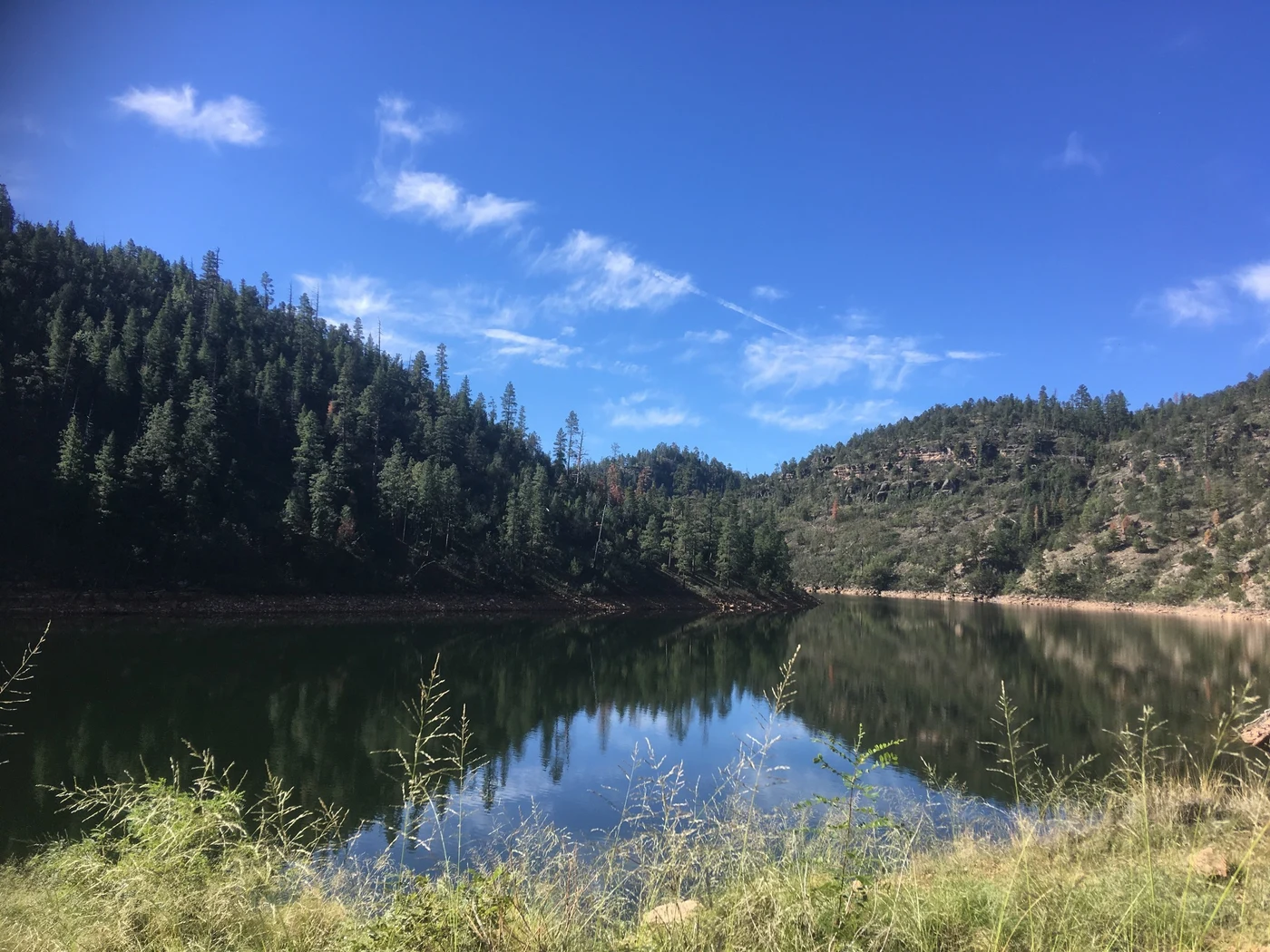 A lake bordered by conifers and forested hills